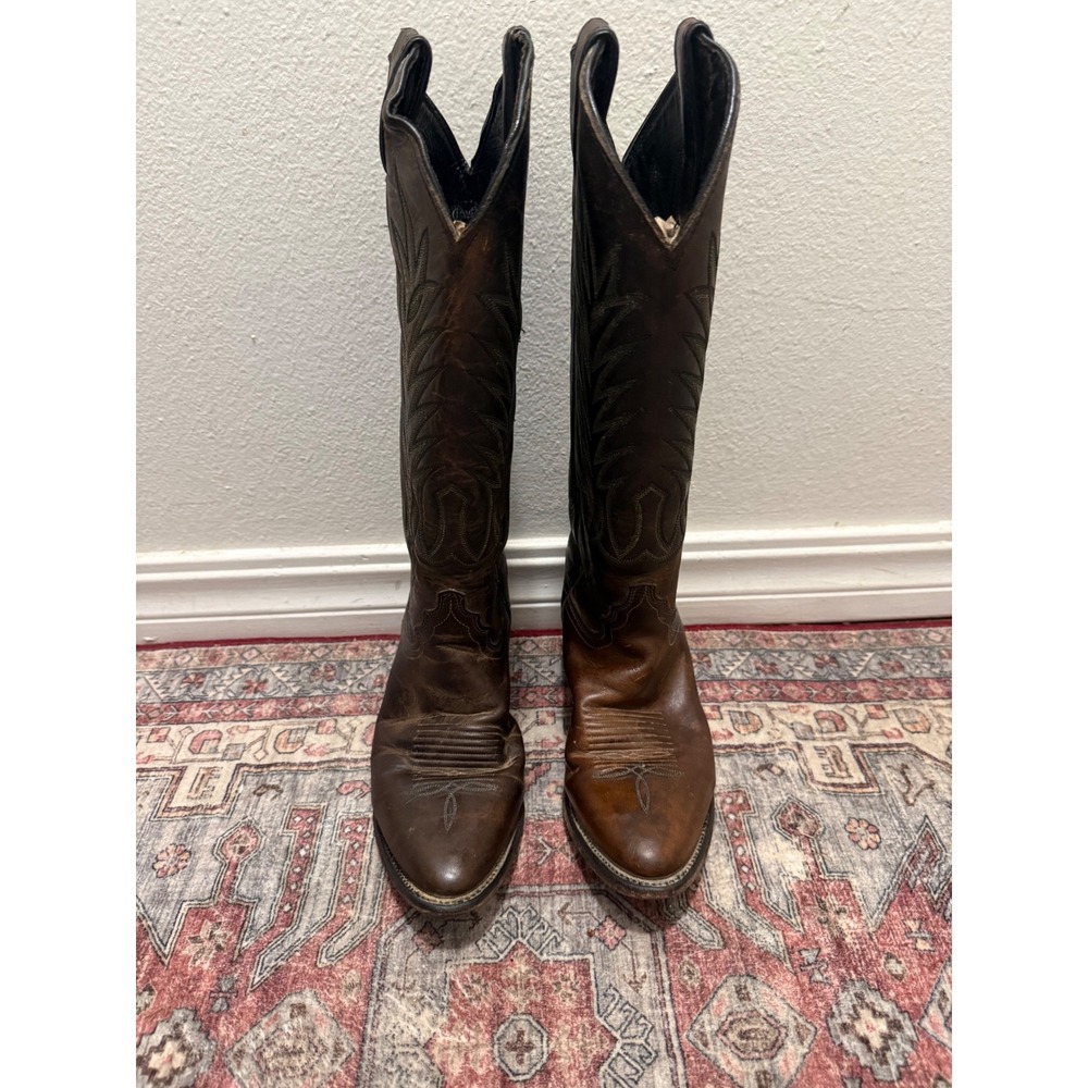 Vintage Justin Brown Leather Cowboy Boots Pointed Toe Tall Embroidered 6.5 B